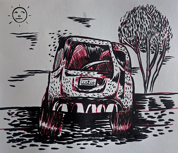 'view out the front window, en route to San Diego' drawn by johnny herdon on sep 19, 2026